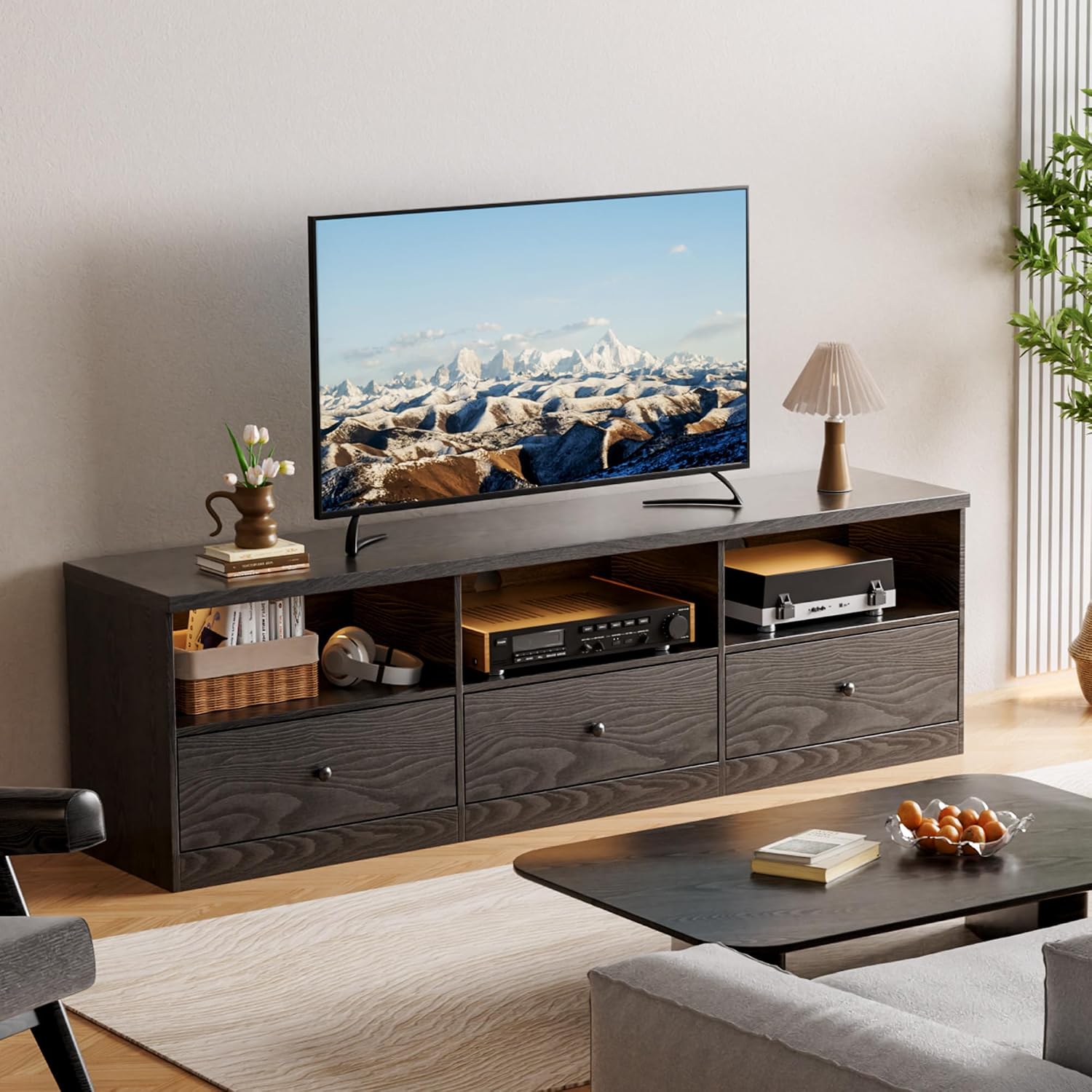GarveeHome TV Stand for TVs Up to 80 in, Modern Entertainment Center with Large Open Shelf&Drawer&Cable Hole, Waterproof, Anti-Stain & Scratch-Resistant TV Media Console Cabinet for Living Room Office