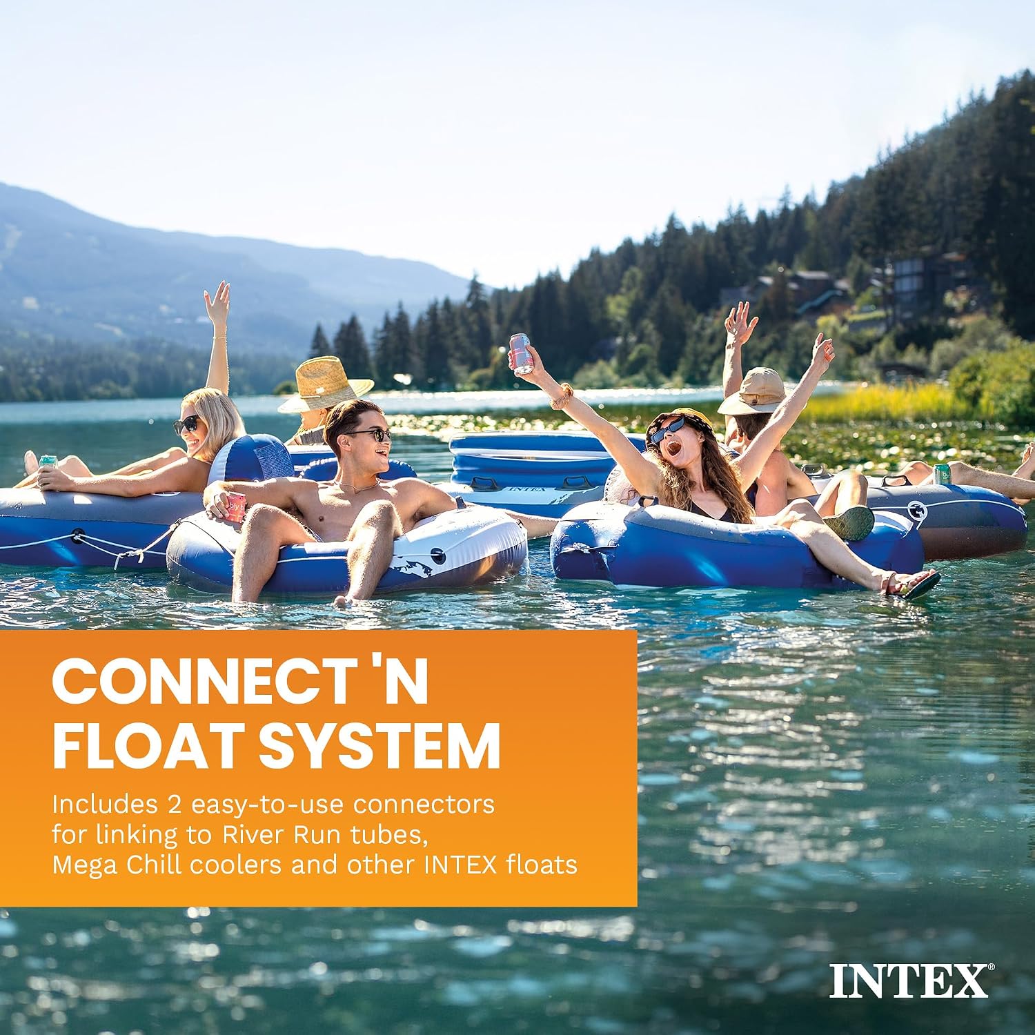 Intex Blue Tropic Inflatable 5 Person Raft or Swimming Pool Island Water Floating Lounger Raft with Backrests, Built in Cooler, and 4 Cupholders