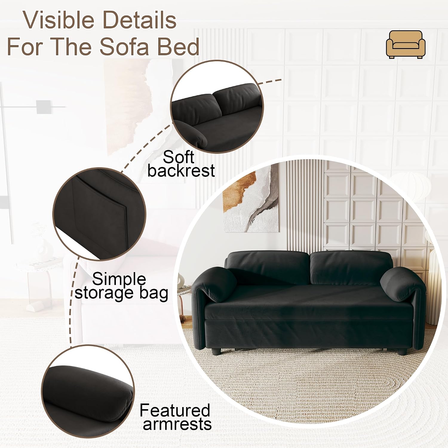 KEIKI 3 in 1 Full Velvet Convertible Pull Out Sofa Bed, Adjustable Backrest & Side Pockets, Modern Sleeper Recliner Couch for Living Room, Black