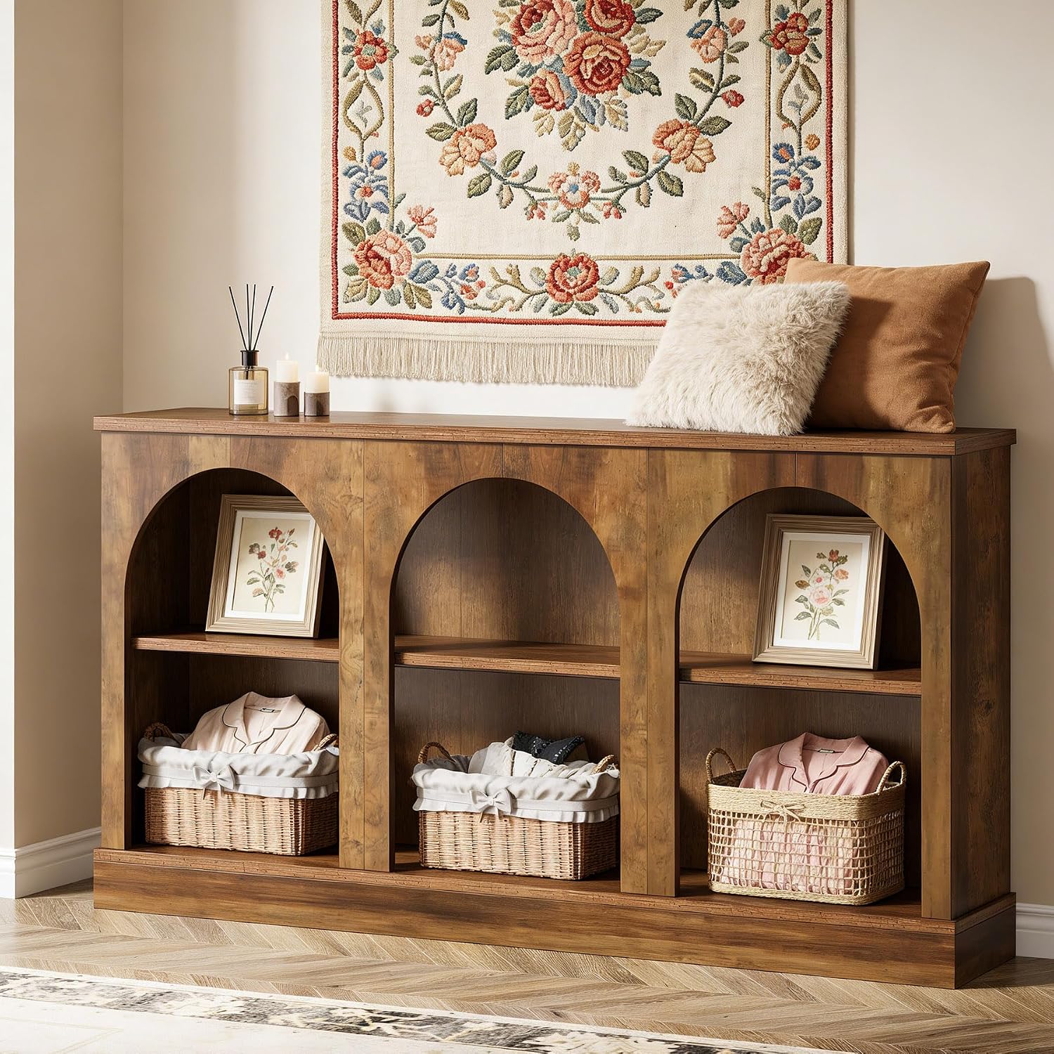Tribesigns Wooden Narrow Entryway Table with 3-Tier Storage Shelf, 63' Long Modern Farmhouse Sofa Console Table for Hallway, Living Room, Entrance, or Bedroom (Rustic Brown)