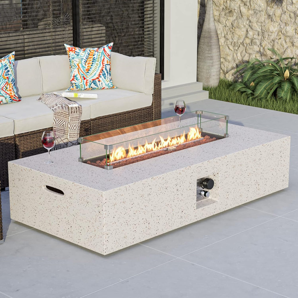 COSIEST Outdoor Propane Fire Pit Table 56' x 28' Rectangle Beige Compact Concrete-Like Finish, Certified, 50,000 BTU,Wind Guard, Tank Outside, Free Lava Rocks, Fits 20lb Tank Outside, Raincover