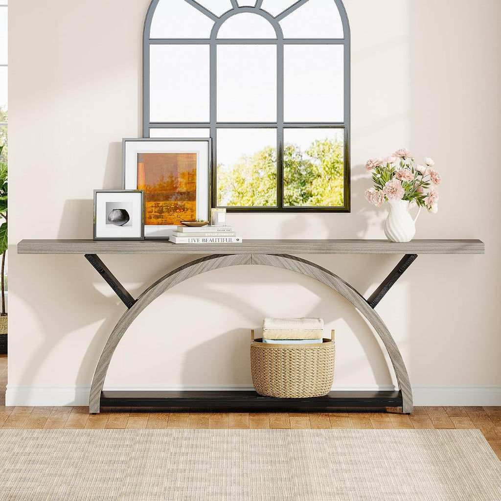 Tribesigns 70.87' Console Table, Industrial Sofa Table Behind Couch with 2 Tiers of Storage Shelves for Living Room, Hallway, Entrance, Foyer (Gray & Black)