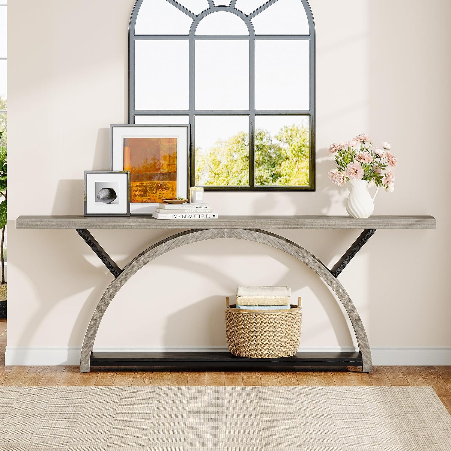 Tribesigns 70.87' Console Table, Industrial Sofa Table Behind Couch with 2 Tiers of Storage Shelves for Living Room, Hallway, Entrance, Foyer (Gray & Black)
