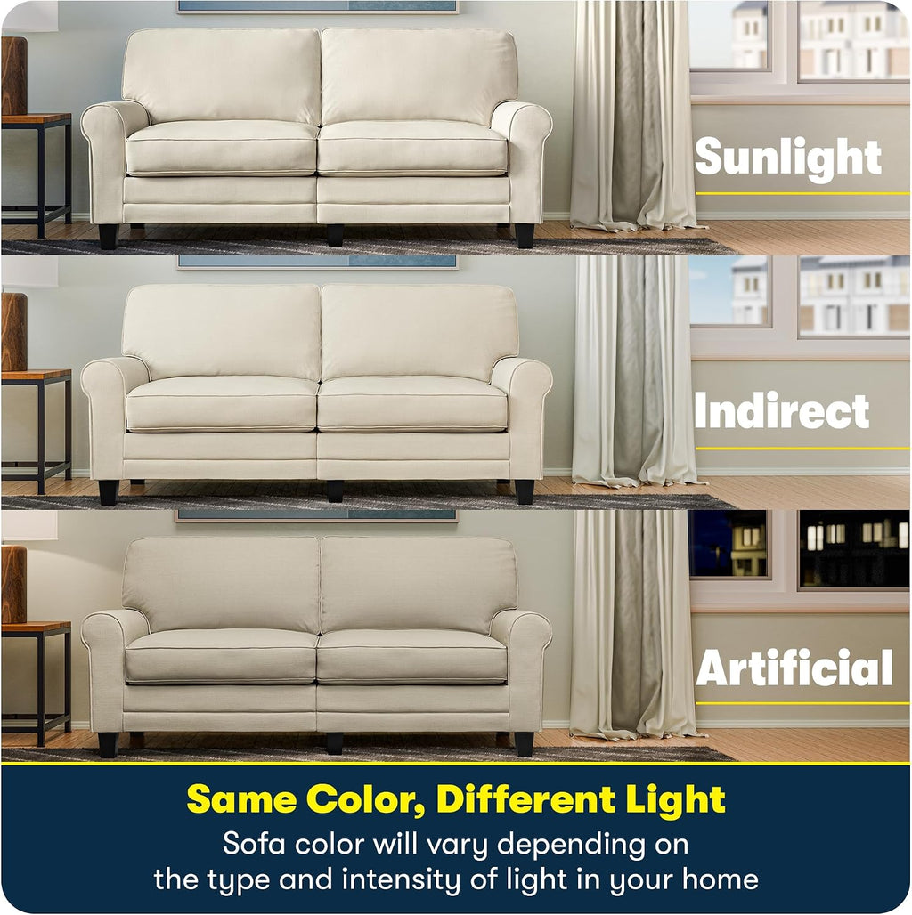 Serta Copenhagen 78' Rolled Arm Sofa, Easy Care Polyester, Soft Pillow Back, Pocket Coil Seat Cushions, Removable Covers, Loveseat or Couch for Small Spaces, Living Rooms or Bedrooms, Buttercream