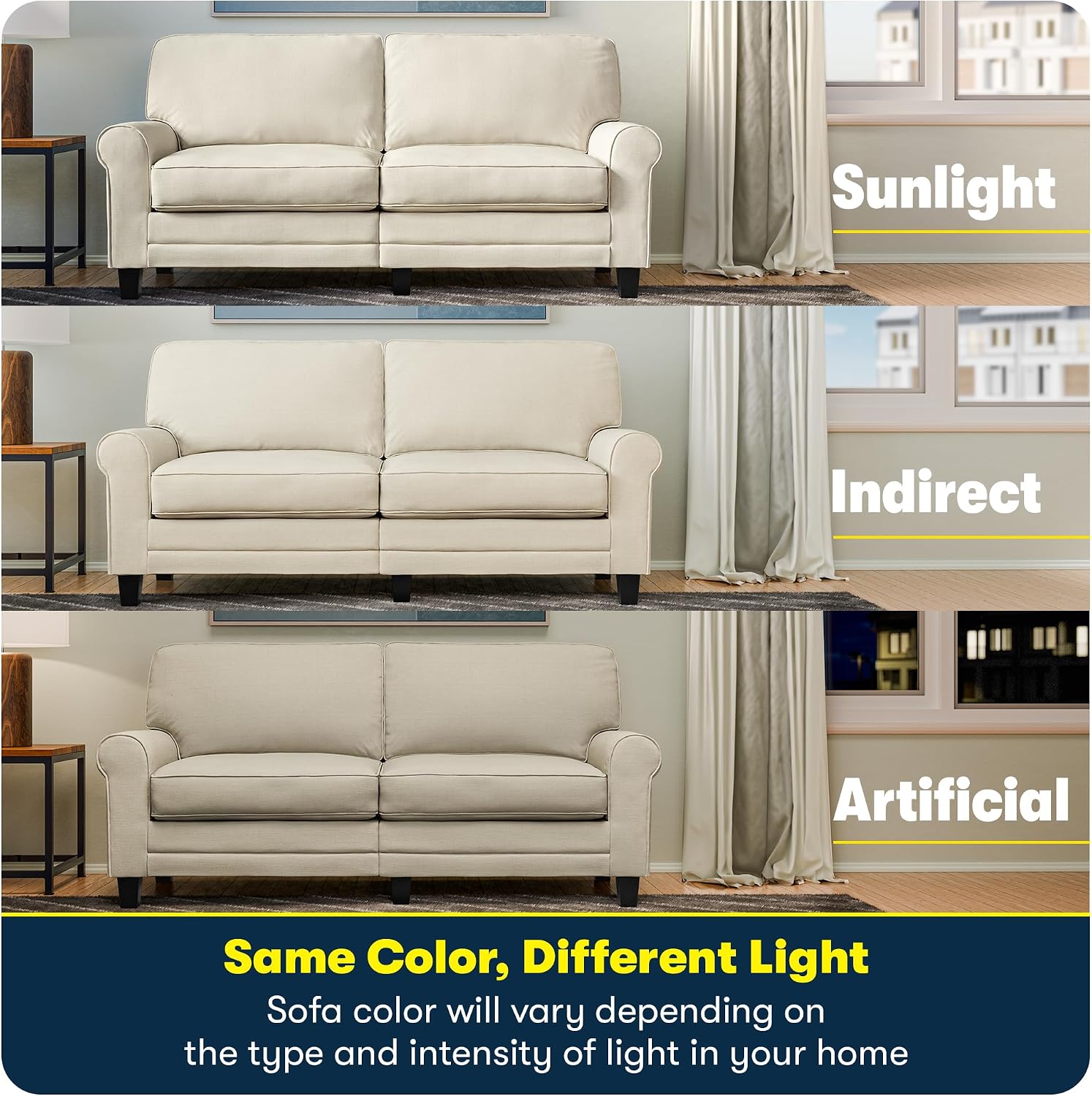 Serta Copenhagen 78' Rolled Arm Sofa, Easy Care Polyester, Soft Pillow Back, Pocket Coil Seat Cushions, Removable Covers, Loveseat or Couch for Small Spaces, Living Rooms or Bedrooms, Buttercream