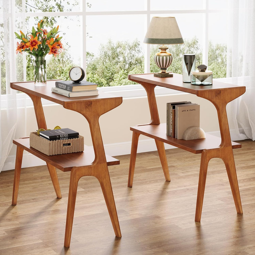 Tribesigns Set of 2 Wood End Table, Farmhouse Couch Side Table, Narrow Bedside Table for Bedroom, Living Room, Small Spaces, Easy Assembly, Walnut