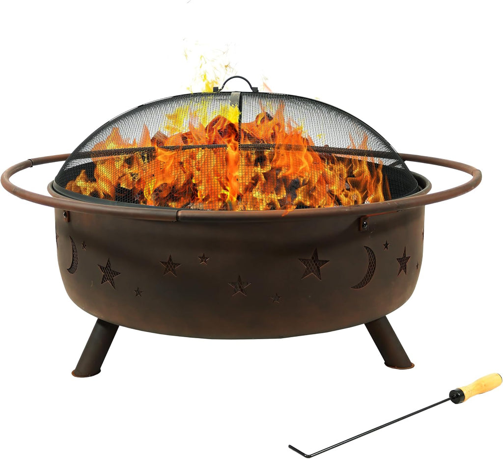 Sunnydaze Large Cosmic Outdoor Fire Pit - Wood-Burning Fire Pit with Round Spark Screen, Poker, and Built-in Grate - 42' - Bronze