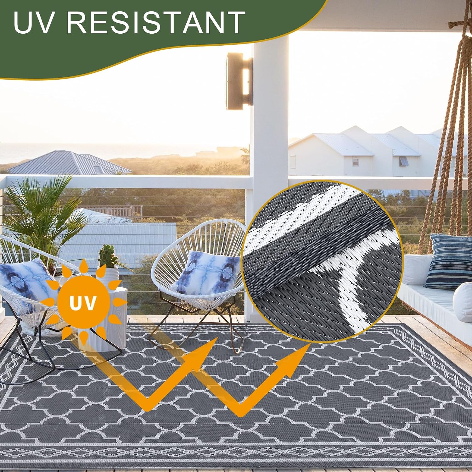 Outdoor Rug 10x20 Patio Waterproof, Foldable Reversible Outdoor Plastic Straw Rug Trellis Mat for Camper Outside Carpet for Rv, Deck, Porch, Picnic, Beach, Balcony Trellis|Grey&White