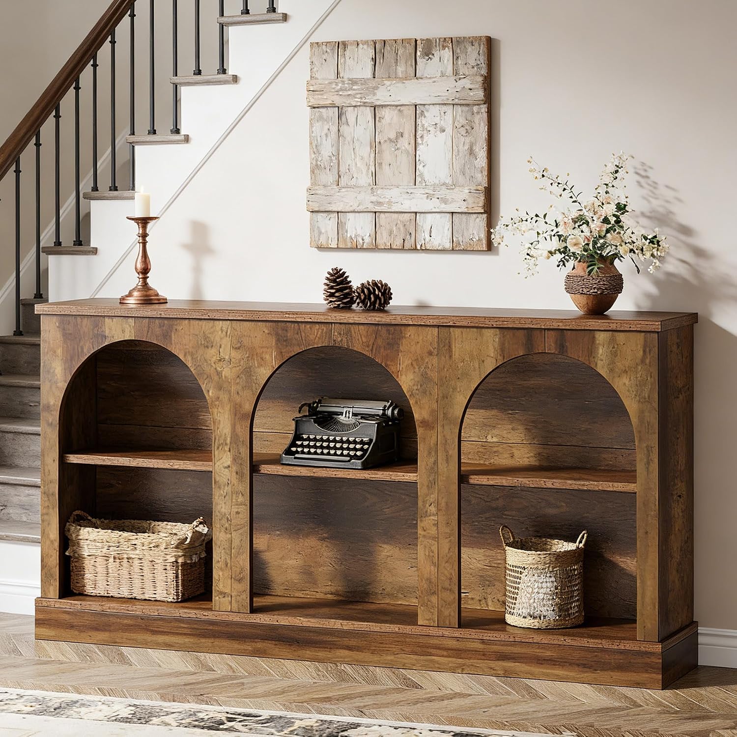 Tribesigns Wooden Narrow Entryway Table with 3-Tier Storage Shelf, 63' Long Modern Farmhouse Sofa Console Table for Hallway, Living Room, Entrance, or Bedroom (Rustic Brown)