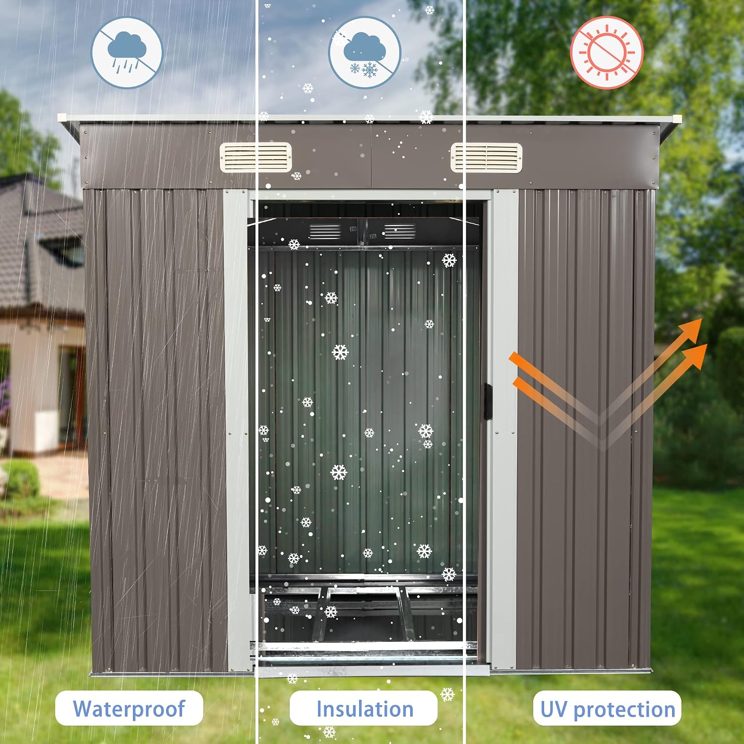 6.4 x 4ft Outdoor Metal Storage Shed，with Lockable Doors, Floor Frame, Sun Protection, Waterproof Tool Storage Shed for Patio, Lawn,Backyard (Gray-6.4 x 4ft)