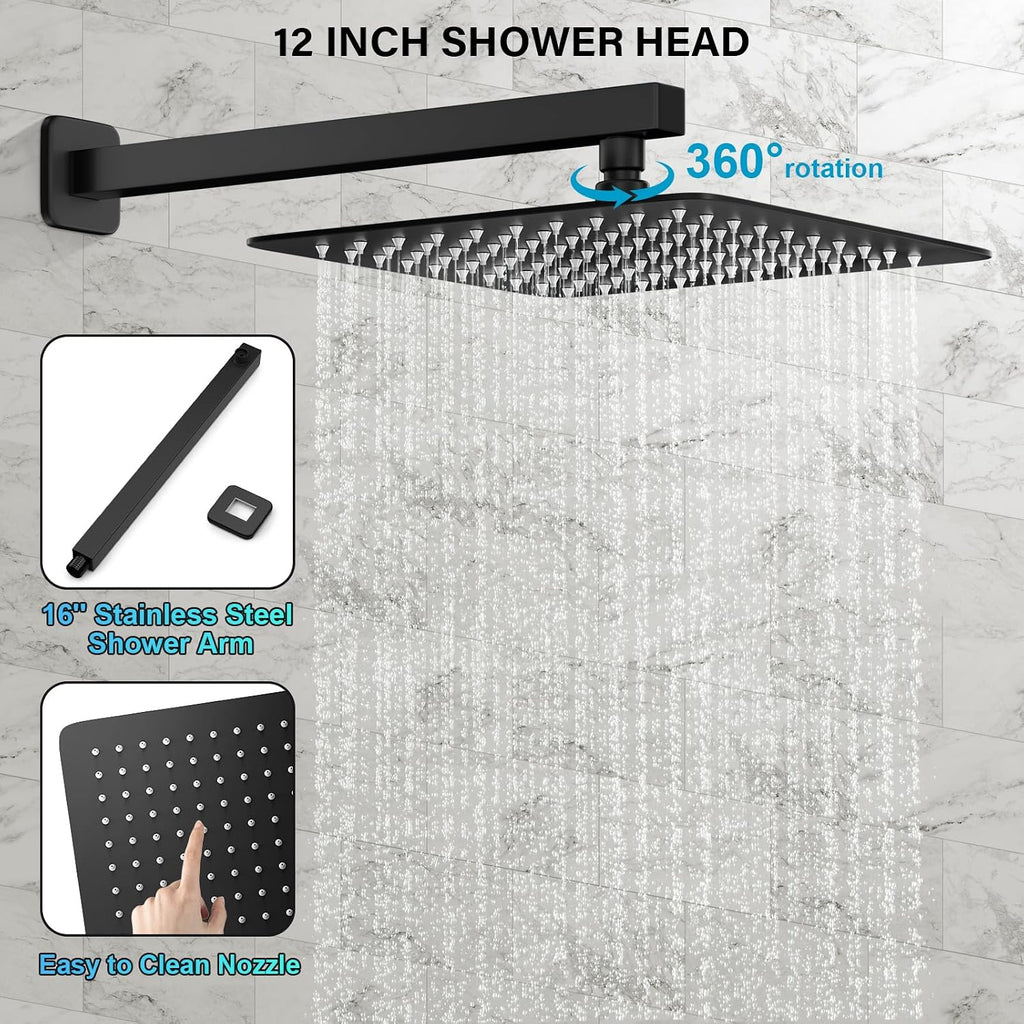 FPXRNG Black Shower Faucet Set, Rainfall Shower System with Square Shower Head and Handle Set, Wall Mounted Shower Fixtures, Full Metal Trim Repair Kit 12 inch Matte Black (With Shower Valve)