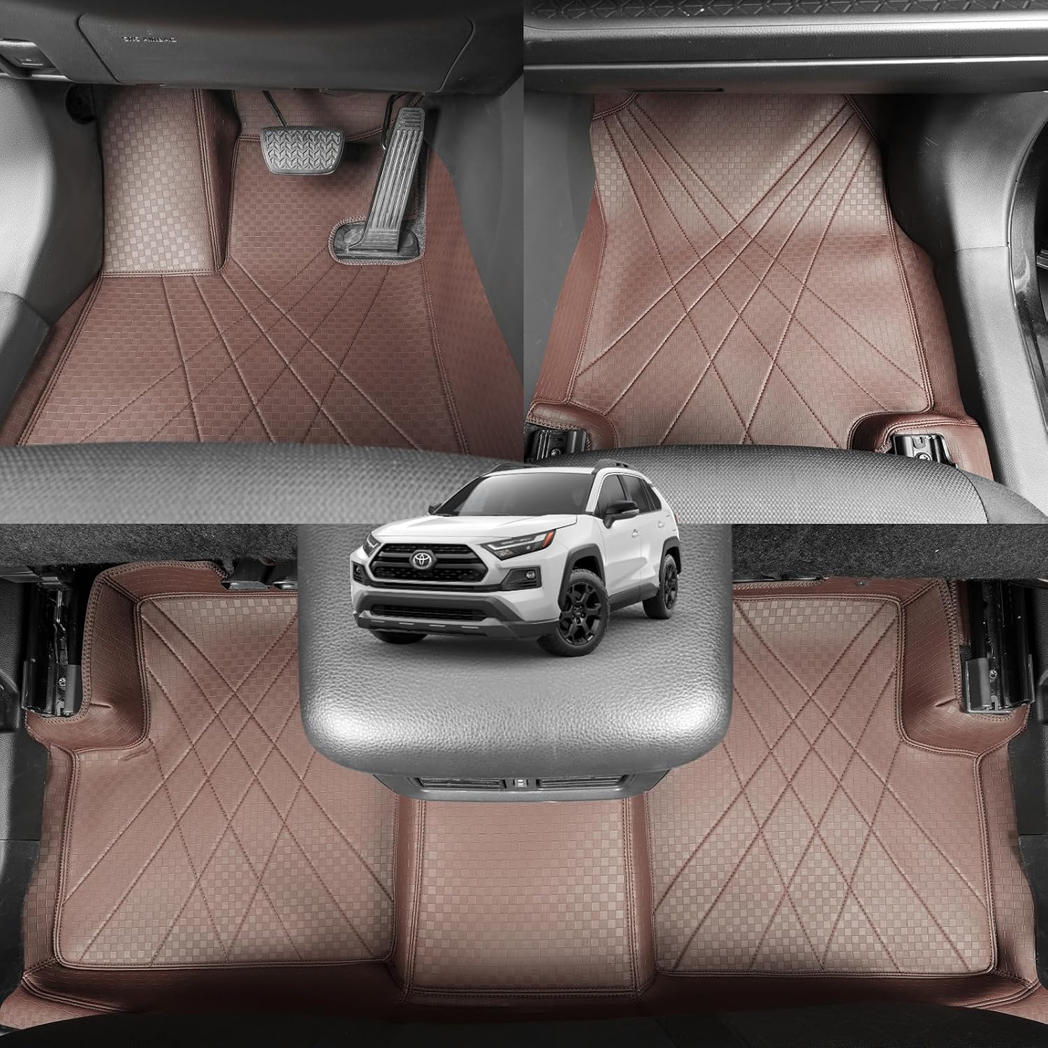 EKR Custom Floor Mats for Toyota RAV4 (Hybrid only) 2019-2025, Front & 2nd Row Luxury Car Floor Mat Fit RAV4 2019 2020 2021 2022 2023 2024 2025 - Leatherette (Brown)
