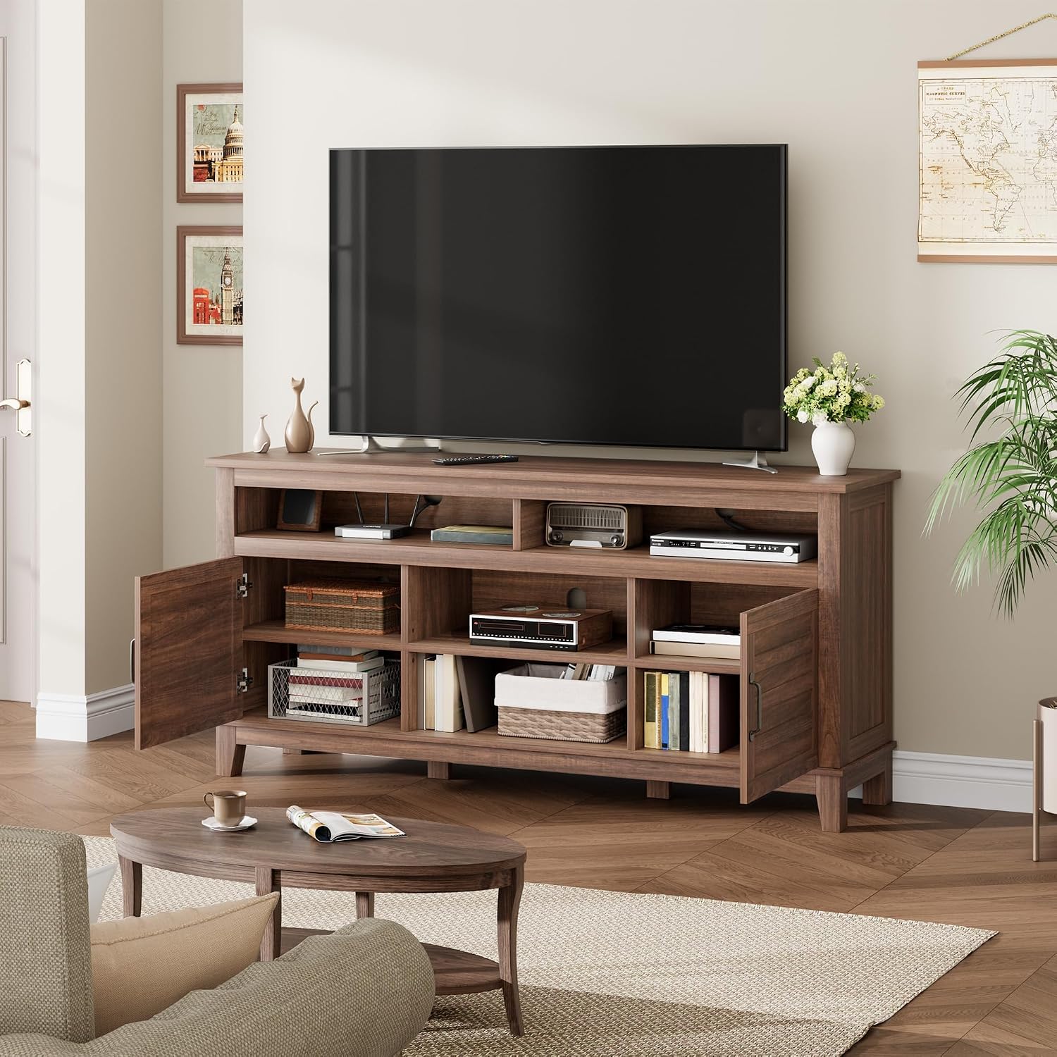 Garvee 63 Inch TV Stand, Entertainment Center with Adjustable Shelves, Farmhouse TV Stand with Cabinet Doors,for Living Room
