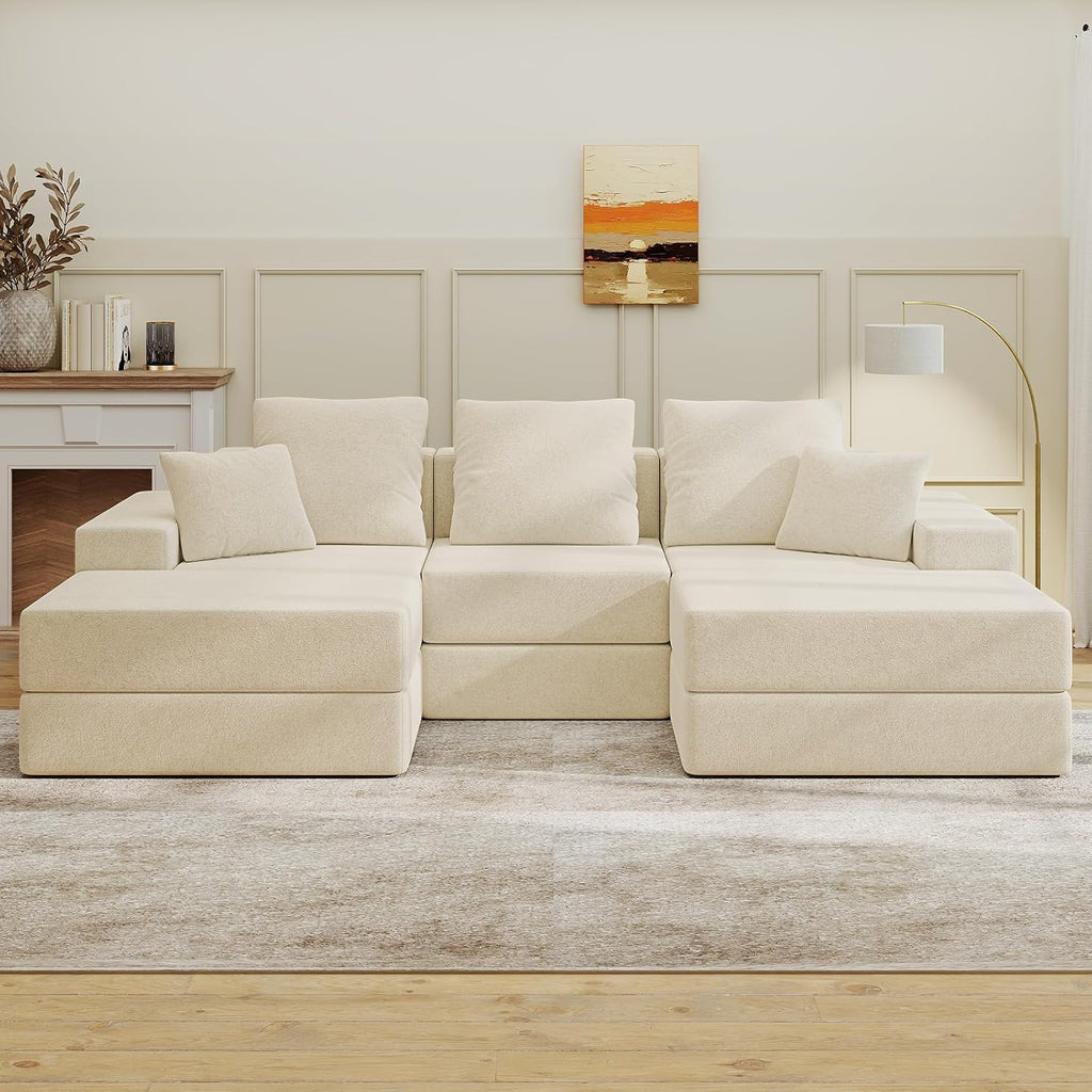 Living&Giving 101' U-Shaped Cloud Sectional Couch for Living Room, Cloud Boneless Couch-No Assembly with Reversible Chaise, Customizable 3-Seat Modular Sectional Sofa with 2 Ottoman, Beige