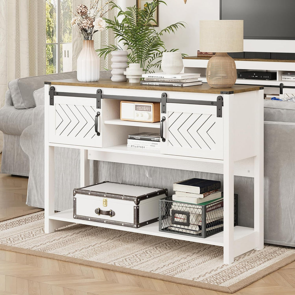 RoyalCraft Console Table with Storage Shelf & Sliding Barn Door, Farmhouse Entryway Table with Storage, 46' Narrow Long Sofa Table, Behind Couch Table, Console Tables for Living Room, Entryway, Foyer