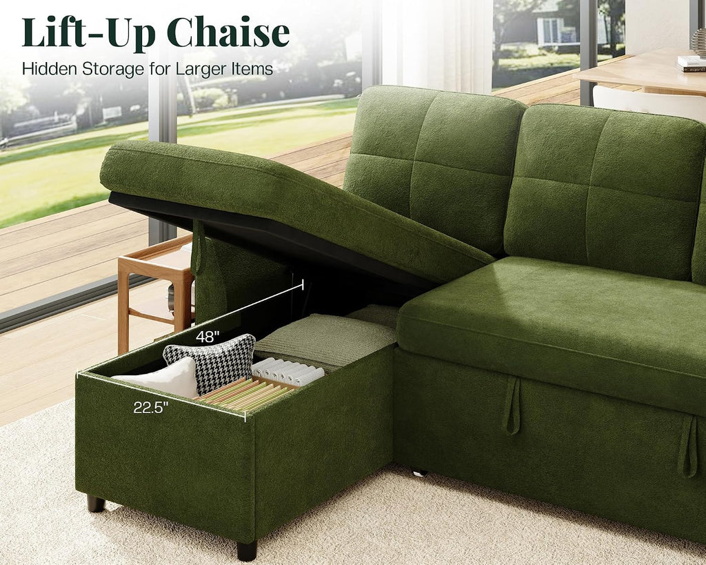 Jocisland Sofa Bed, Sleeper Sofa with Storage Chaise, Convertible Couch Bed with Pull Out Couch, l Shaped for Living Room, Linen Geen