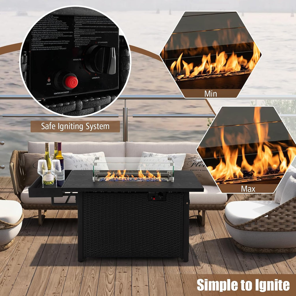 Tangkula Patio Propane Fire Pit Table, 52 Inch Wicker Gas Fire Pit with Wind Guard & Extended Shelf, 50,000 BTU Heat Output, Rectangular Fire Table with Blue Fire Stone & Waterproof Cover (Black)