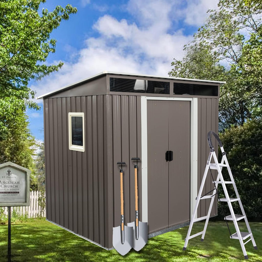 Outdoor Storage Shed 6.4 x 5 FT Storage shed with Floor Frame Galvanized Steel Garden Shed with Window&Lockable Doors,Sheds & Outdoor Storage Clearance for Backyard Patio Lawn (Gray)