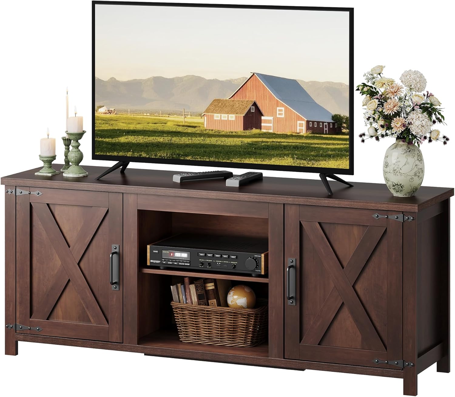 WLIVE Modern Farmhouse TV Stand for TVs up to 65', Entertainment Center with X-Shaped Barn Doors, Large Storage Media TV Console with Adjustable Shelves & Cable Holes for Living Room, Brown