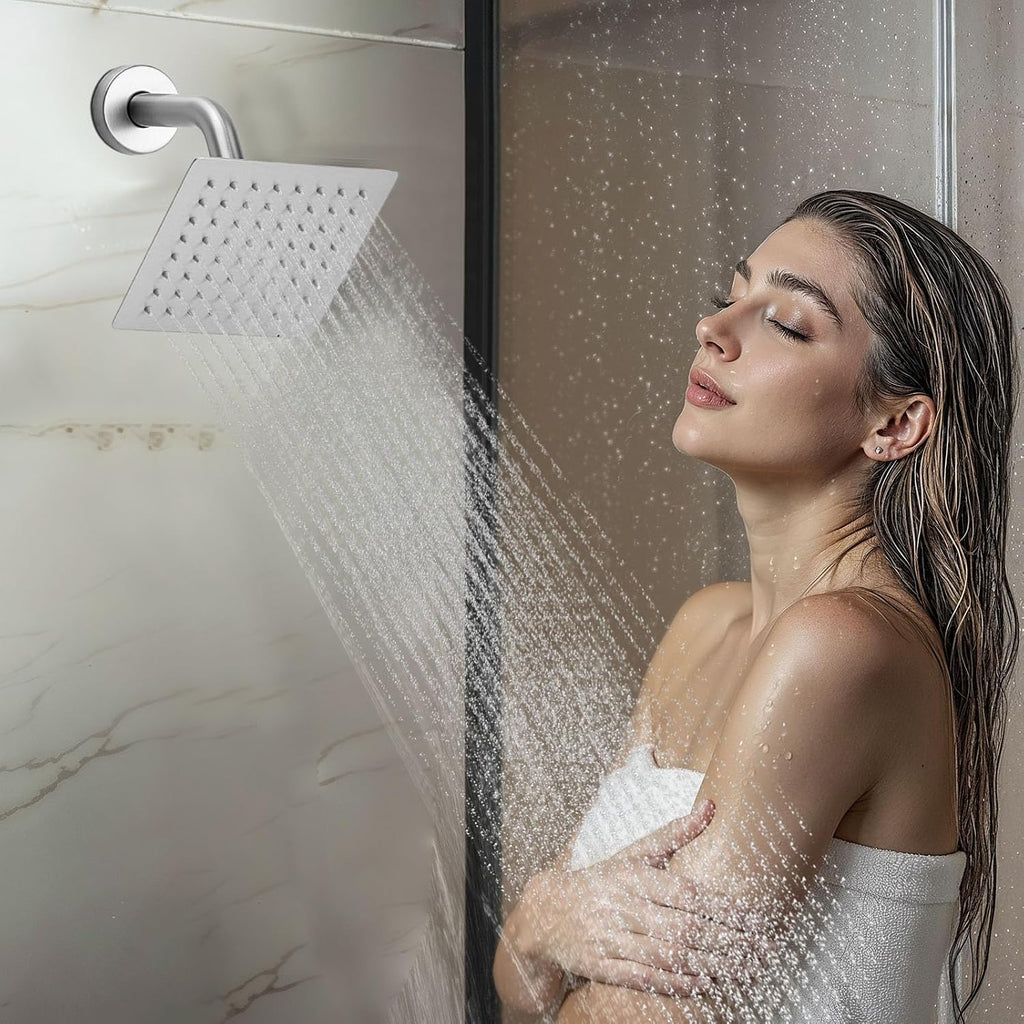 VEVOR Shower Faucet Set, 16 Inch Thermostatic Ceiling Mount Rainfall Shower System with 6 Inch Wall Mount Head, 6 Body Jets and Handheld Spray, Dual Rain Head Brass Valve and Trim Kit, Brushed Nickel
