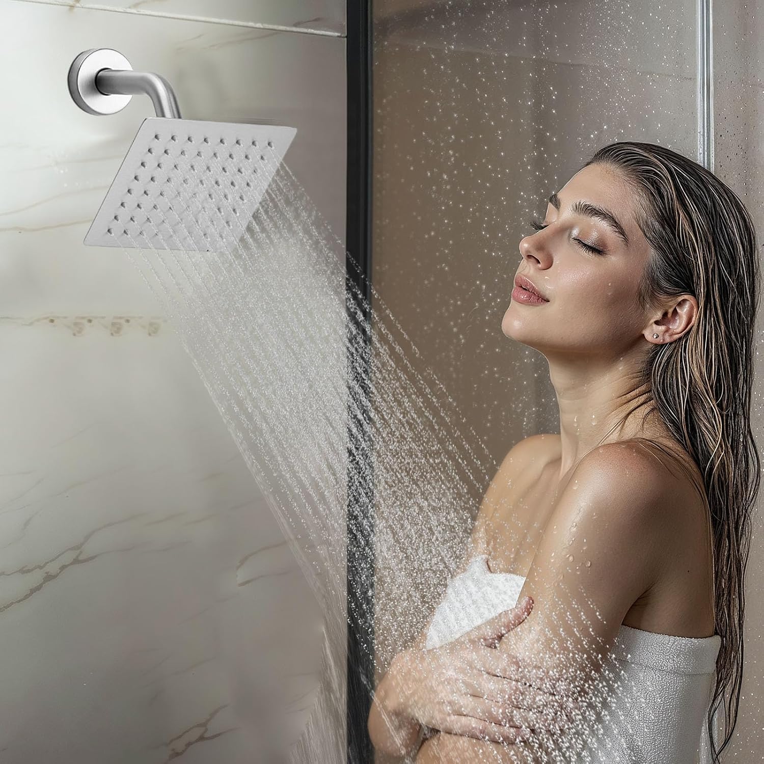 VEVOR Shower Faucet Set, 16 Inch Thermostatic Ceiling Mount Rainfall Shower System with 6 Inch Wall Mount Head, 6 Body Jets and Handheld Spray, Dual Rain Head Brass Valve and Trim Kit, Brushed Nickel