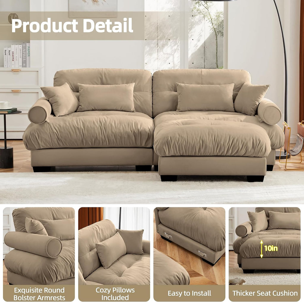 Loveseat Sofa 93.7' Modular Sectional Sofa, 2 Seater Modern Cloud L Shaped Couch, Oversized Sectional Couches for Living Room, Comfy Velvet Sofas Deep Seat Couch with 4 Pillows, Camel