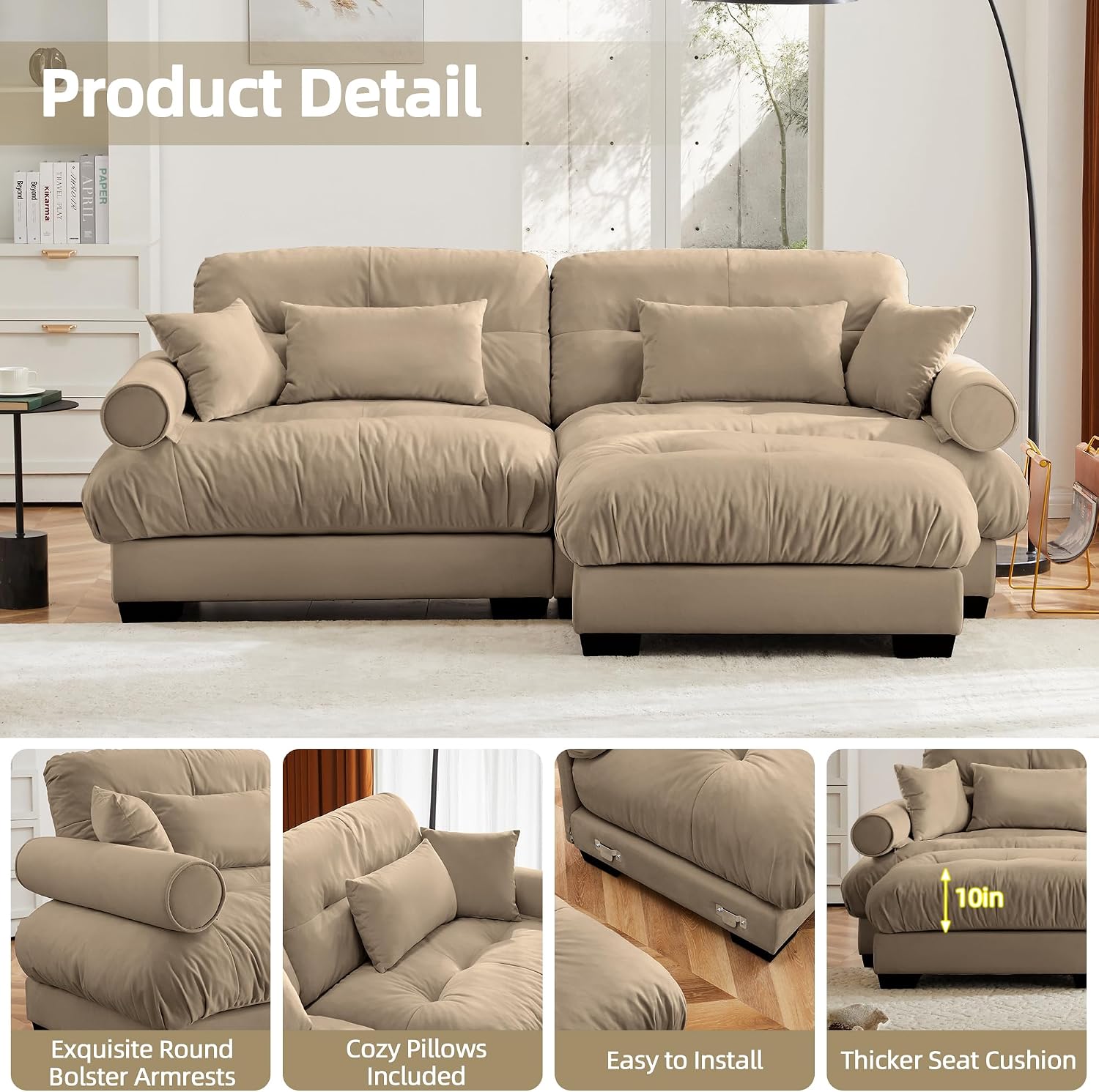Loveseat Sofa 93.7' Modular Sectional Sofa, 2 Seater Modern Cloud L Shaped Couch, Oversized Sectional Couches for Living Room, Comfy Velvet Sofas Deep Seat Couch with 4 Pillows, Camel