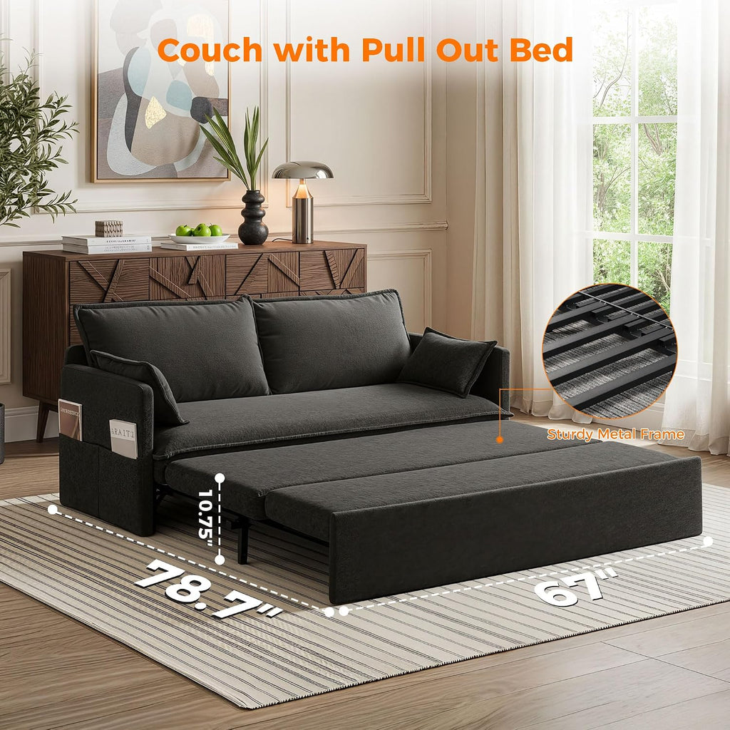 2 in 1 Queen Pull Out Sleeper Sofa Couch Bed-59.5'Convertible Sofabed with USB/C-Type Charging Ports,Chenille Sleeper Sofa with Side Pockets,Futon Couch for Living Room,Bedroom,Small Space,RV, Black