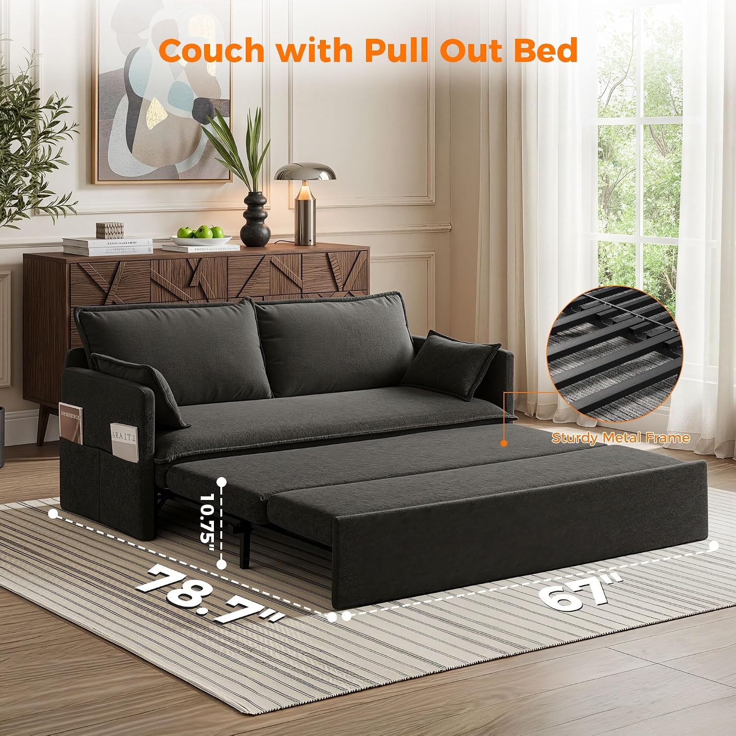 2 in 1 Queen Pull Out Sleeper Sofa Couch Bed-59.5'Convertible Sofabed with USB/C-Type Charging Ports,Chenille Sleeper Sofa with Side Pockets,Futon Couch for Living Room,Bedroom,Small Space,RV, Black