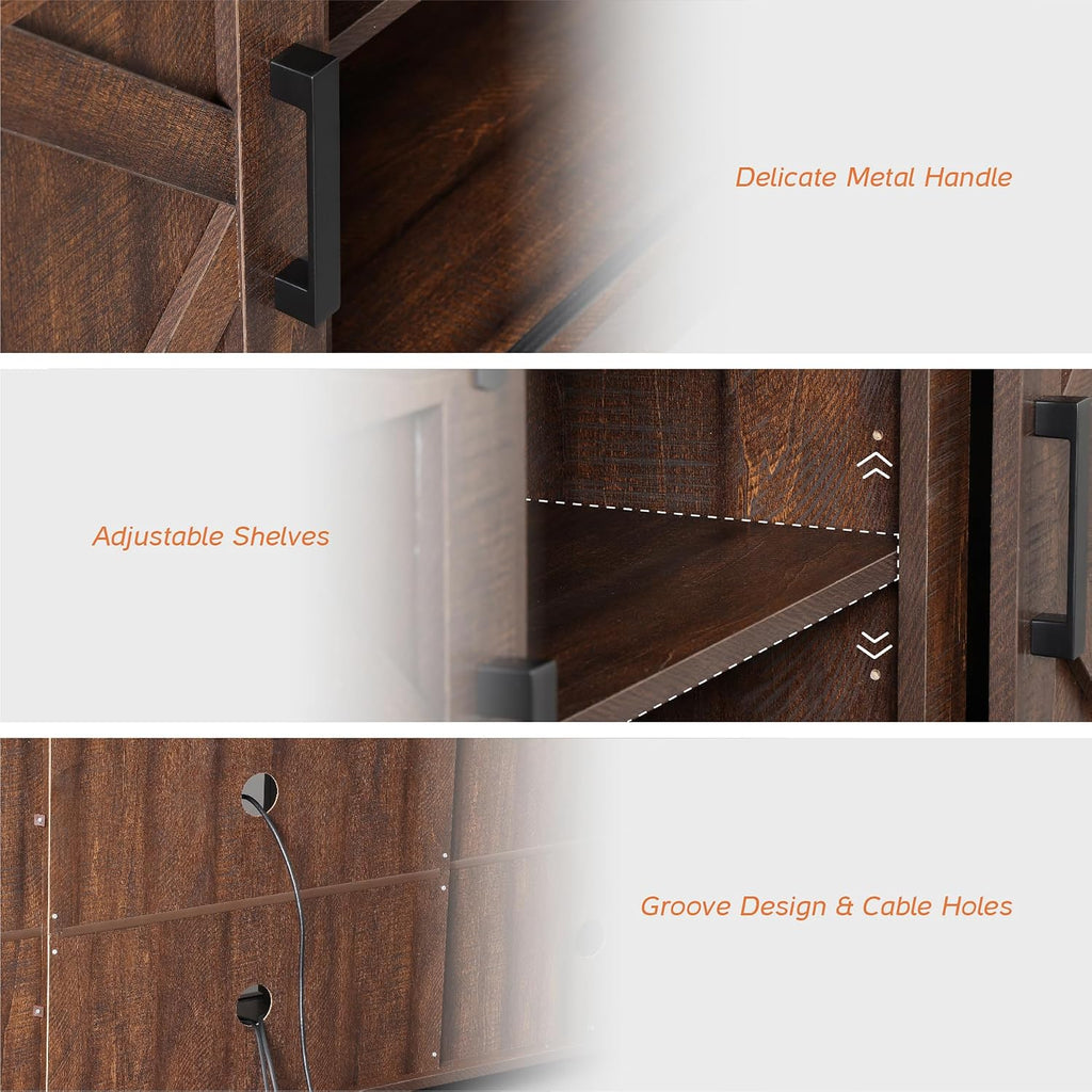 WAMPAT Modern Farmhouse TV Stand for TVs up to 75' with Sliding Barn Doors, 25.6' H Wood Entertainment Center with Adjustable Media Storage Shelf for Living Room, Dark Walnut Brown