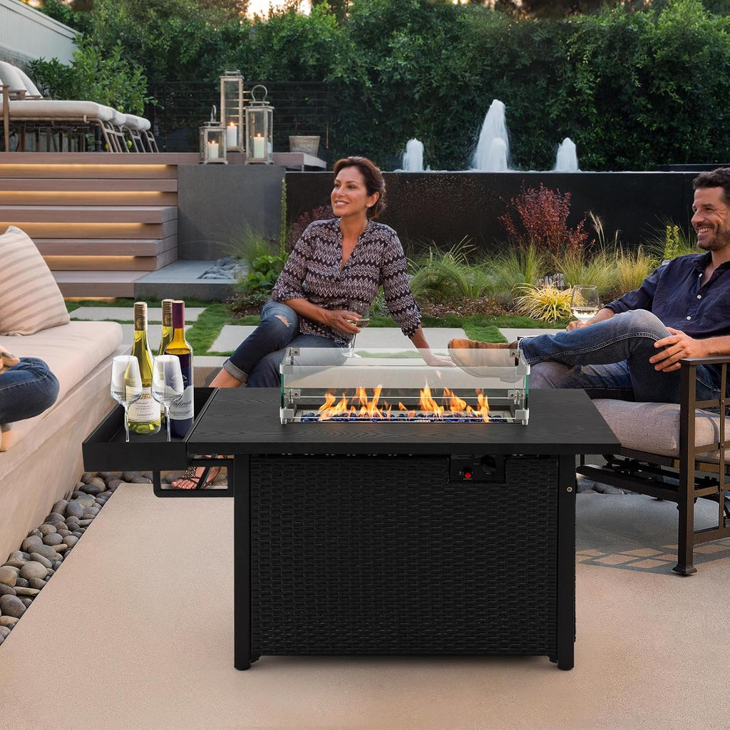 Tangkula Patio Propane Fire Pit Table, 52 Inch Wicker Gas Fire Pit with Wind Guard & Extended Shelf, 50,000 BTU Heat Output, Rectangular Fire Table with Blue Fire Stone & Waterproof Cover (Black)