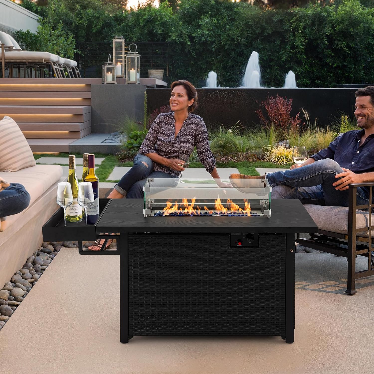 Tangkula Patio Propane Fire Pit Table, 52 Inch Wicker Gas Fire Pit with Wind Guard & Extended Shelf, 50,000 BTU Heat Output, Rectangular Fire Table with Blue Fire Stone & Waterproof Cover (Black)