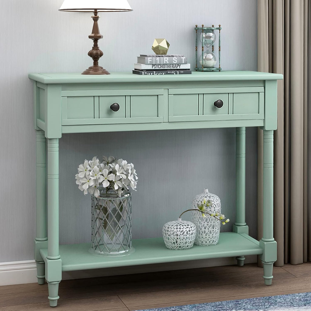 Merax Wood Sofa Table Console Table,Entryway Table Traditional Design with Two Drawers and Bottom Shelf for Living Room,Hallway,Dining Room,Retro Blue