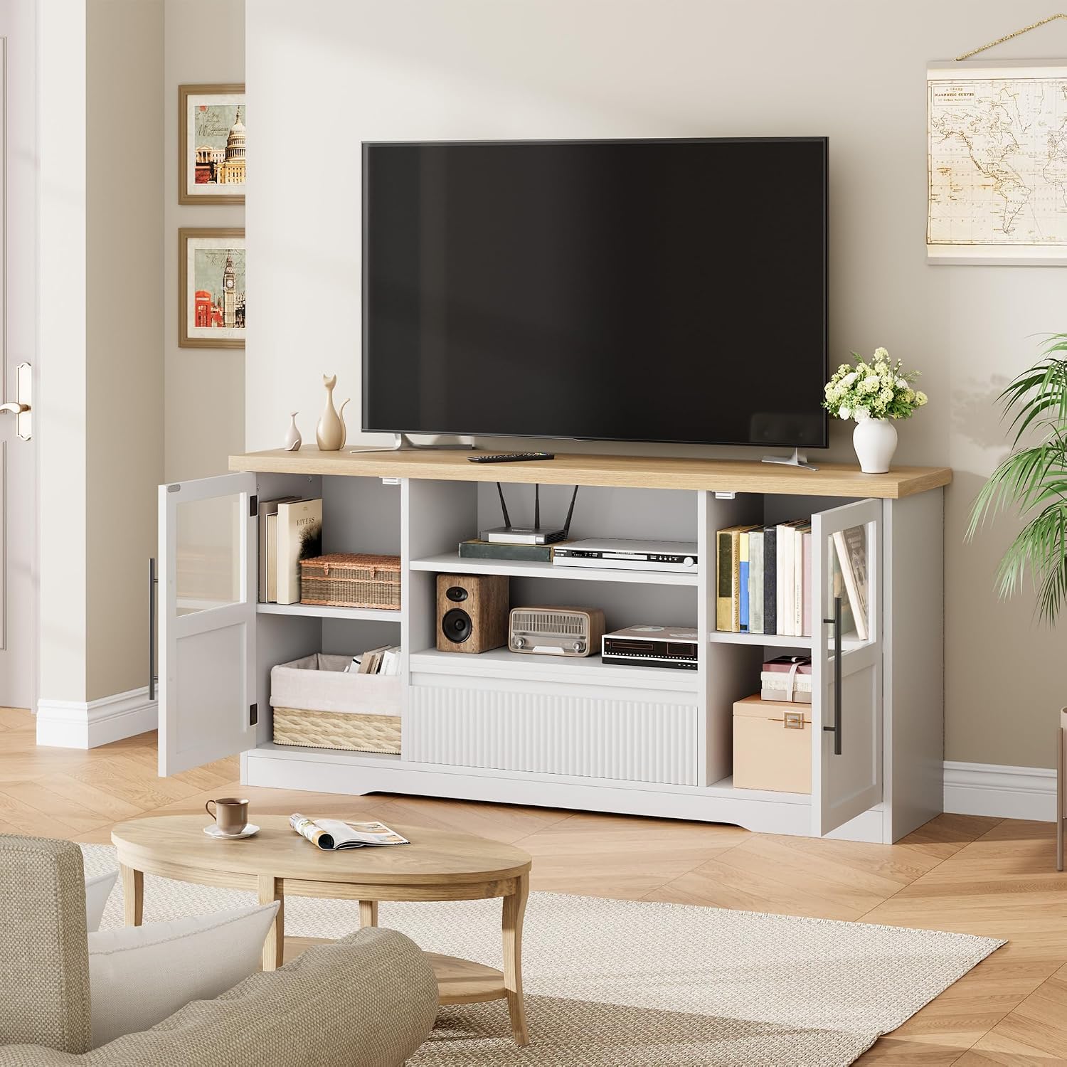 Garvee 63 in Farmhouse TV Stand for TVs Up to 72 in, Wave Pattern Entertainment Center with 2 Glass Door Cabinets & 2 Open Shelves, Sturdy Wood Media Console for Living Room, White & Natural