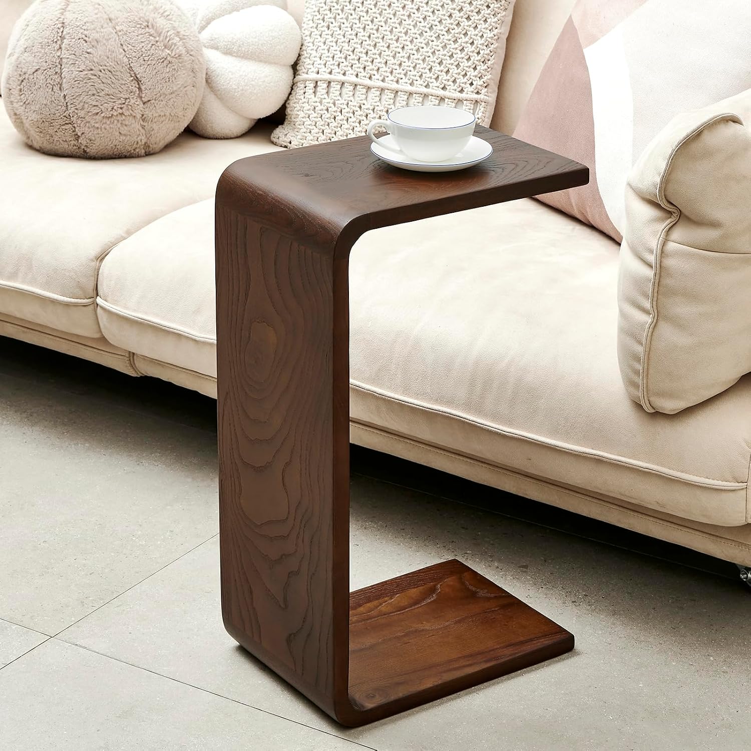 Simple C Shaped End Table Couch Side Table, Item Placement Computer Office Side Table, Solid Wood Frame for Living Room Bedroom Side Tables, Walnut Color