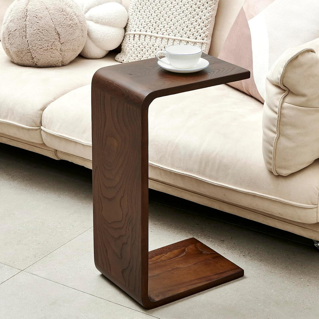 Simple C Shaped End Table Couch Side Table, Item Placement Computer Office Side Table, Solid Wood Frame for Living Room Bedroom Side Tables, Walnut Color (Set of 2)