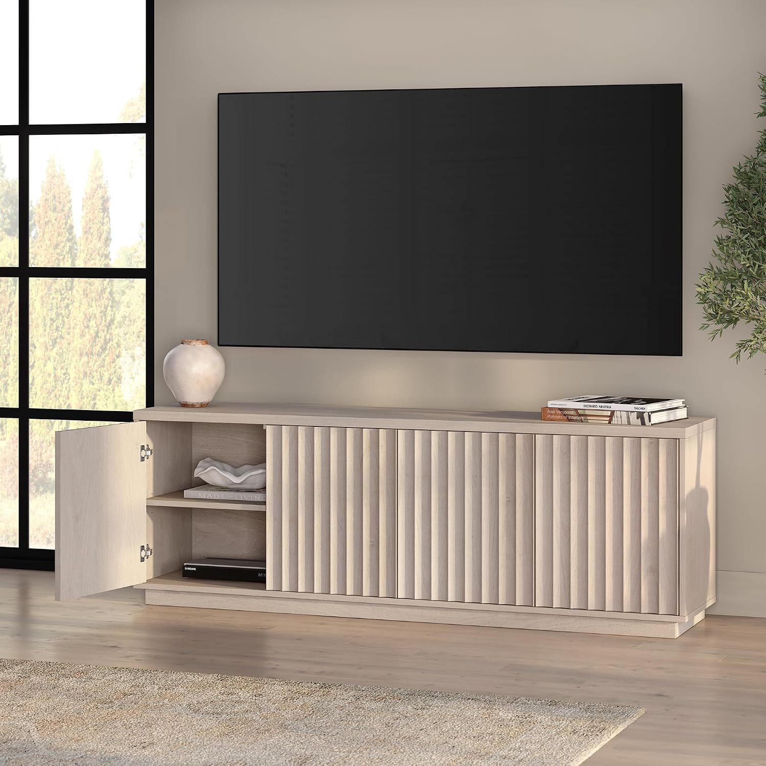 Henn&Hart Fluted TV Stand for TVs up to 75'' 2 Ribbed Storage Cabinets and Adjustable Shelves for Living Room, Family Room, or Office, Alder White