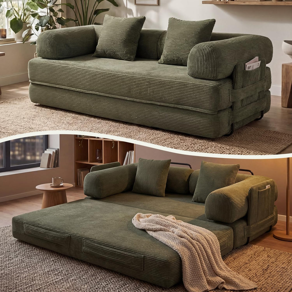 79' Sofa Bed Convertible Boneless Couch Corduroy Modular Couch Bed with Fixed-Shape Frame & Removable Armrests for Living Room, Bedroom (Green)
