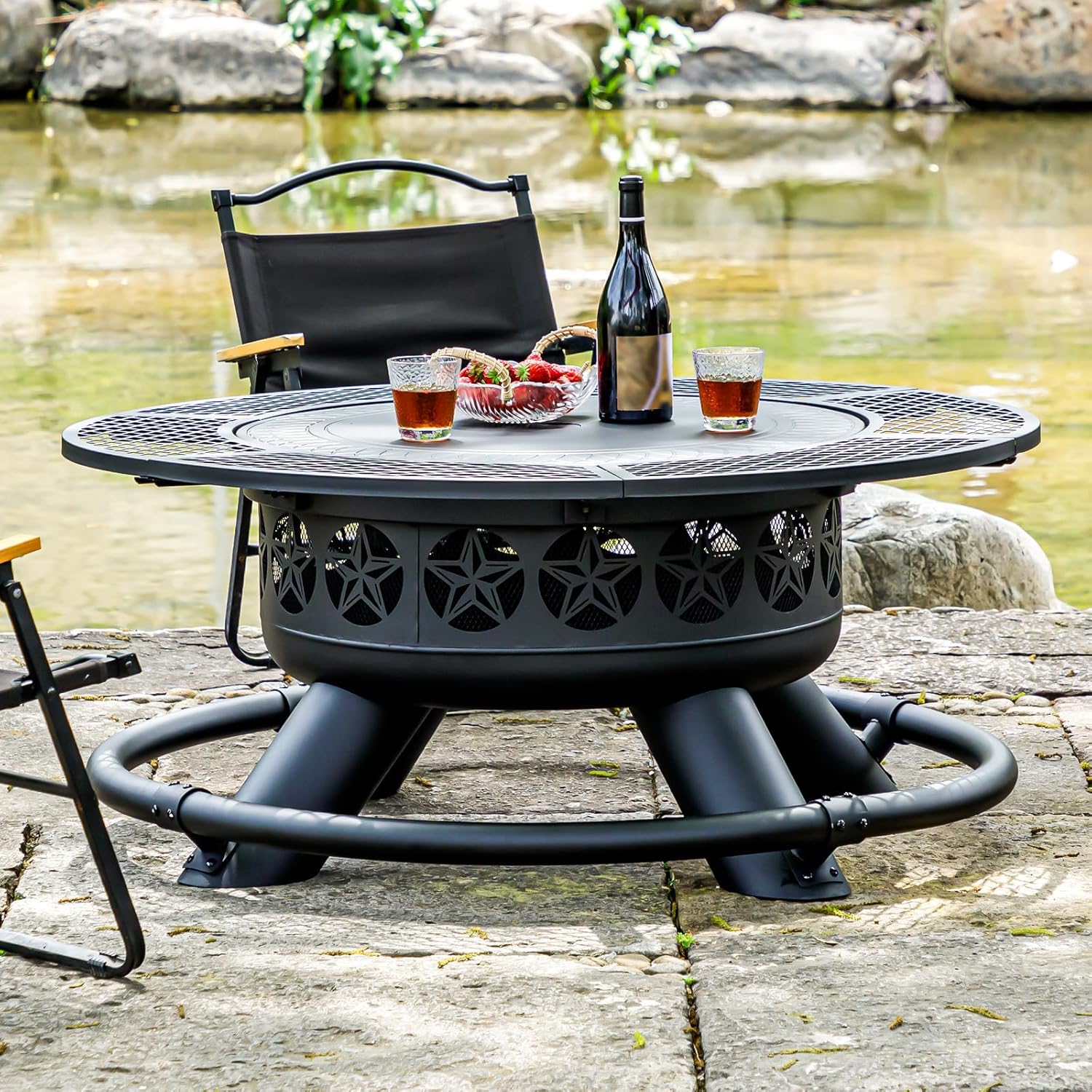 Verdeluxe 47 Inch Outdoor Fire Pit with 2 Grills, Extra Large BBQ Firepits for Outside, Metal Round Fire pits with Lid&Fire Poker,3 in 1 Wood Burning Outdoor Fireplaces for Backyard,Patio,Bonfire