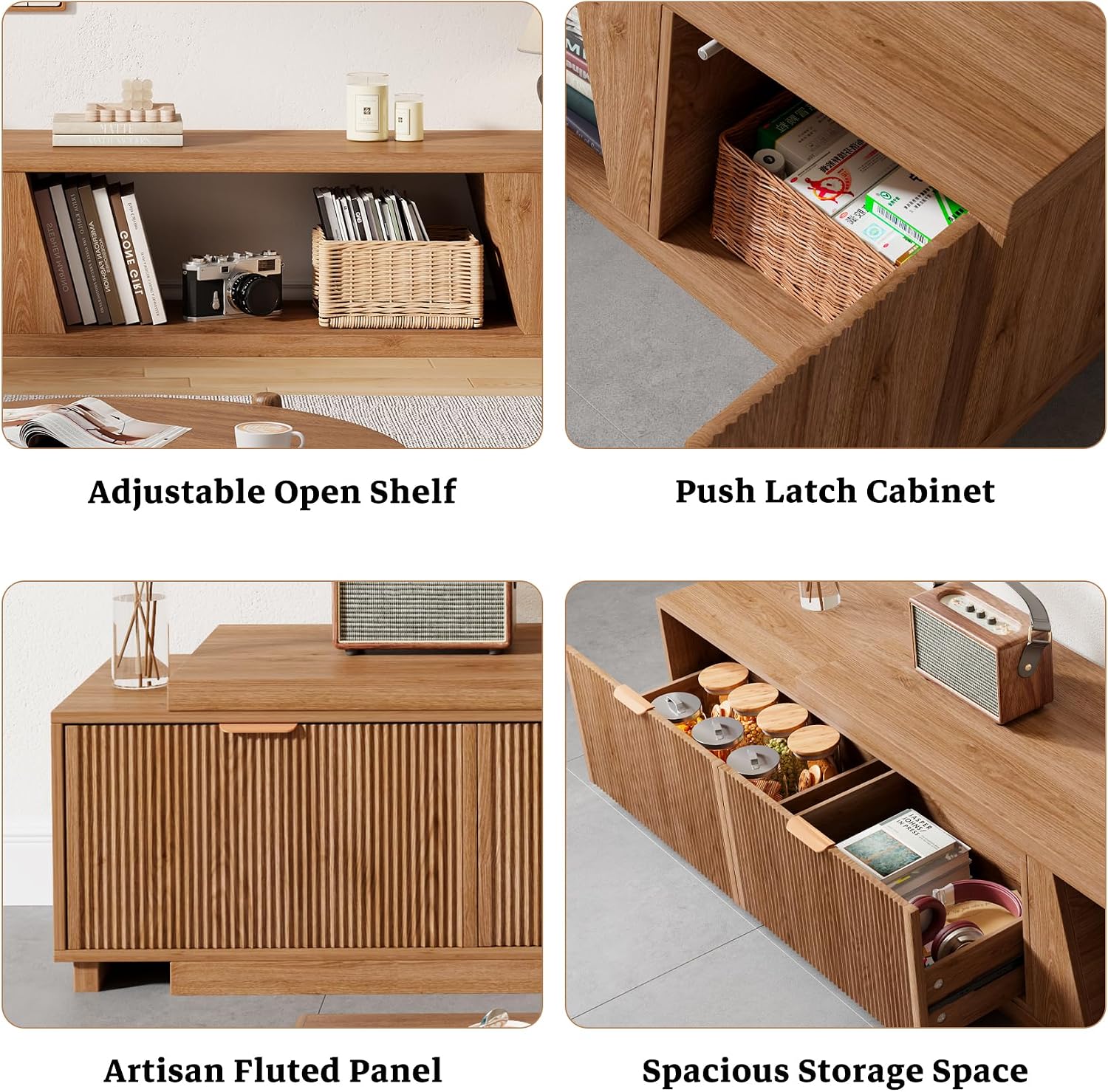 Epecoya 98 Inch Extendable TV Stands for Living Room, Wooden Extra Long TV Stand with Adjustable Shelf and Drawers, Fluted TV Console with Storage Cabinet, Warm Brown Oak (64.57' W-98.43' W)