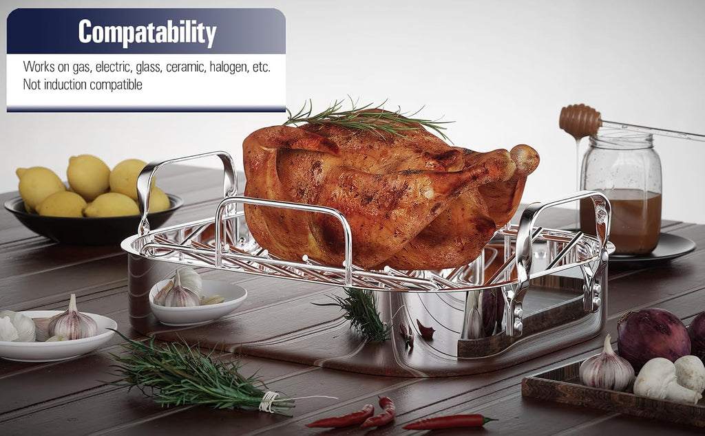 Cooks Standard Classic 16 x 13 Inch Stainless Steel Roaster Pan with V-Shaped Rack, Turkey Roasting Pan with Rack, Large Capacity, Oven and Dishwasher Safe