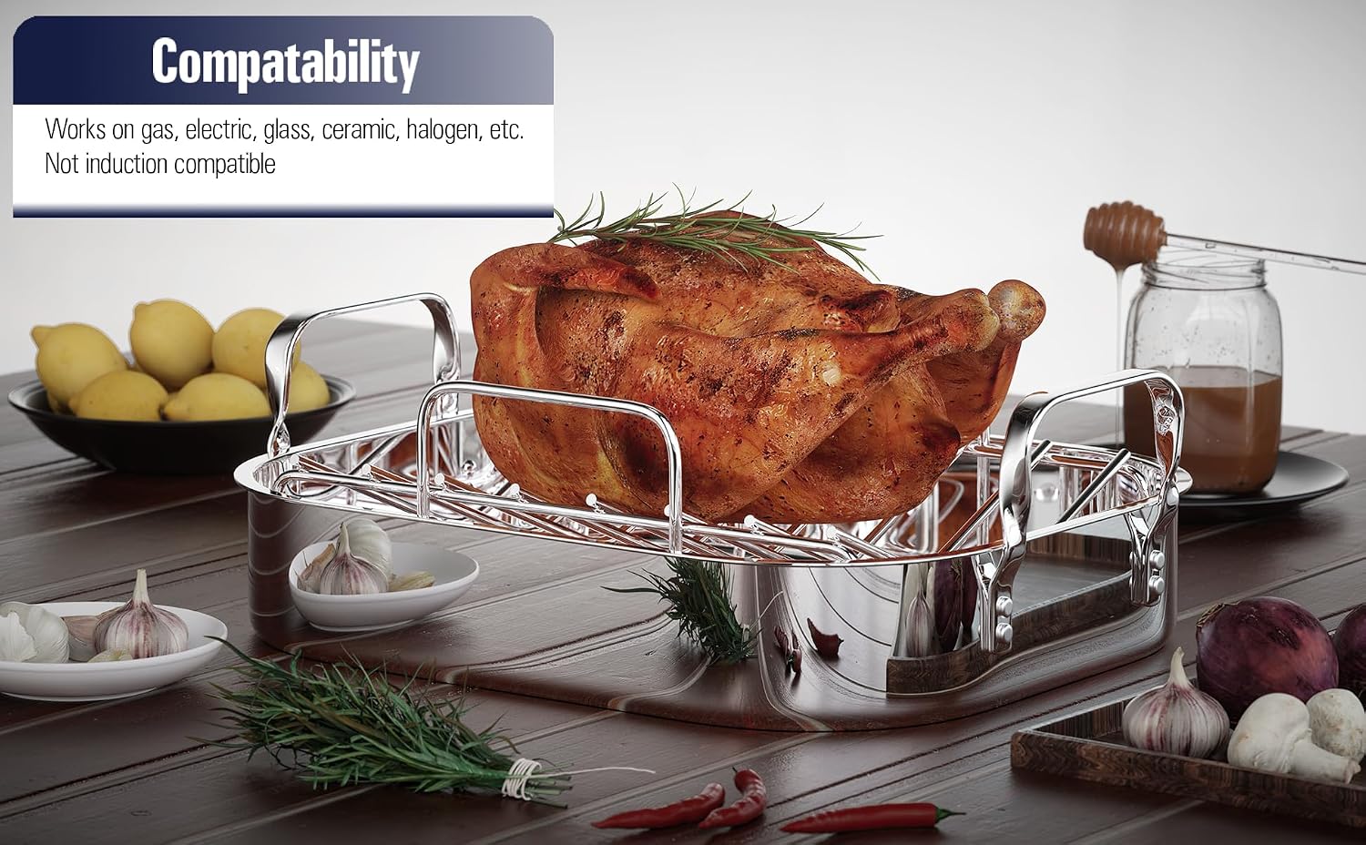 Cooks Standard Classic 16 x 13 Inch Stainless Steel Roaster Pan with V-Shaped Rack, Turkey Roasting Pan with Rack, Large Capacity, Oven and Dishwasher Safe
