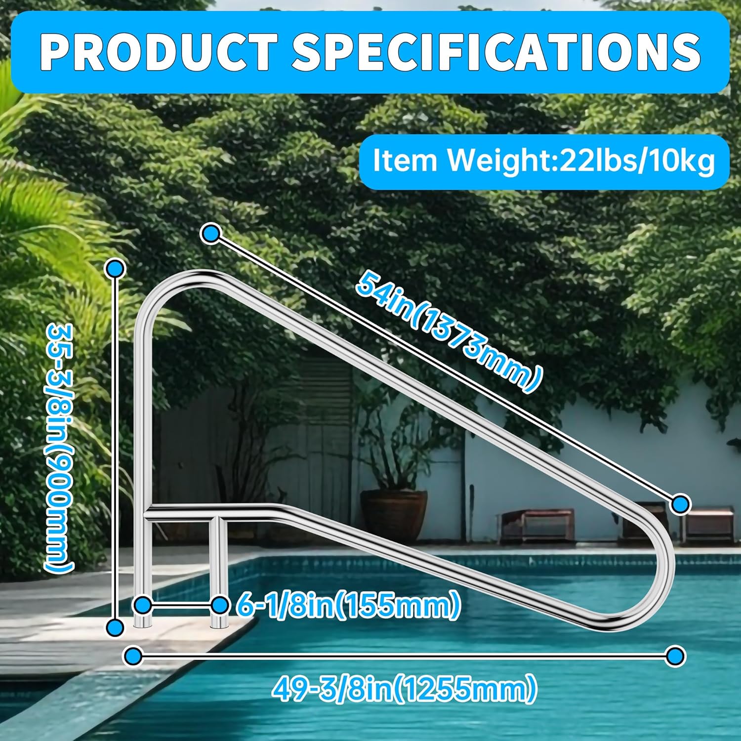 ECOTRIC Pool Handrail Swimming Pool Stair Rail 49-3/8'X35-3/8 304 Stainless Steel Deck Mounted Cross Brace 300Lbs Load Capacity