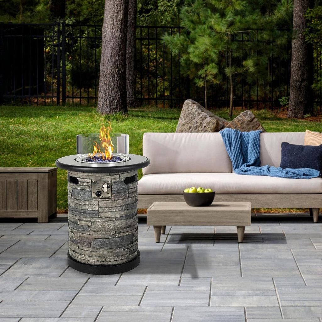 BAIDE HOME Outdoor Propane Fire Pit Table, Round Porcelain Tile Top 22' Fire Bowl Column W/ 40,000 BTU Firepit Table Auto-Ignition 400D Cover Glass Rocks for Outside Patio