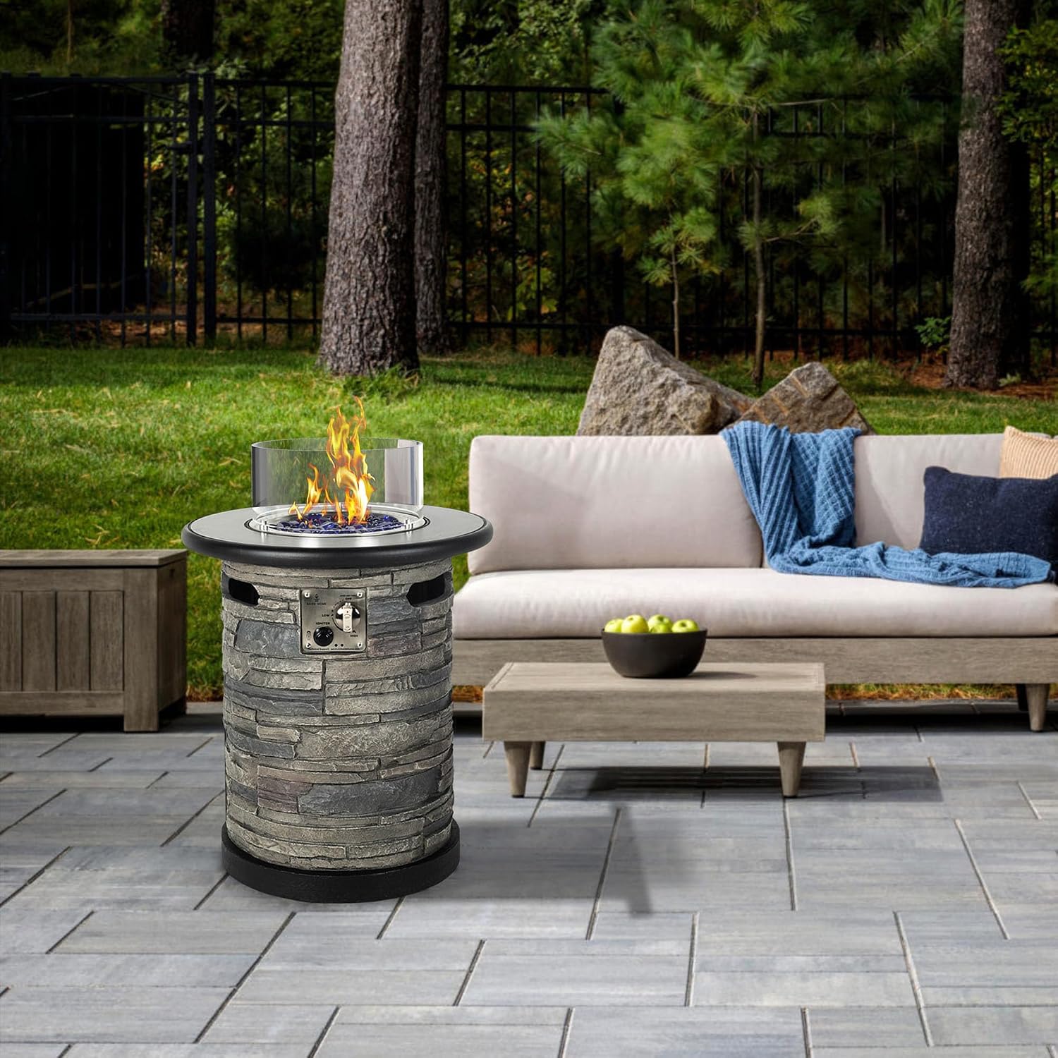 BAIDE HOME Outdoor Propane Fire Pit Table, Round Porcelain Tile Top 22' Fire Bowl Column W/ 40,000 BTU Firepit Table Auto-Ignition 400D Cover Glass Rocks for Outside Patio