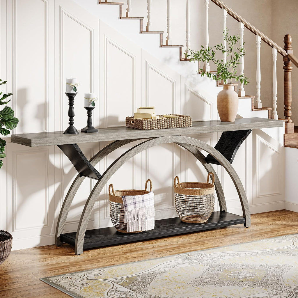 Tribesigns 70.87' Console Table, Industrial Sofa Table Behind Couch with 2 Tiers of Storage Shelves for Living Room, Hallway, Entrance, Foyer (Gray & Black)