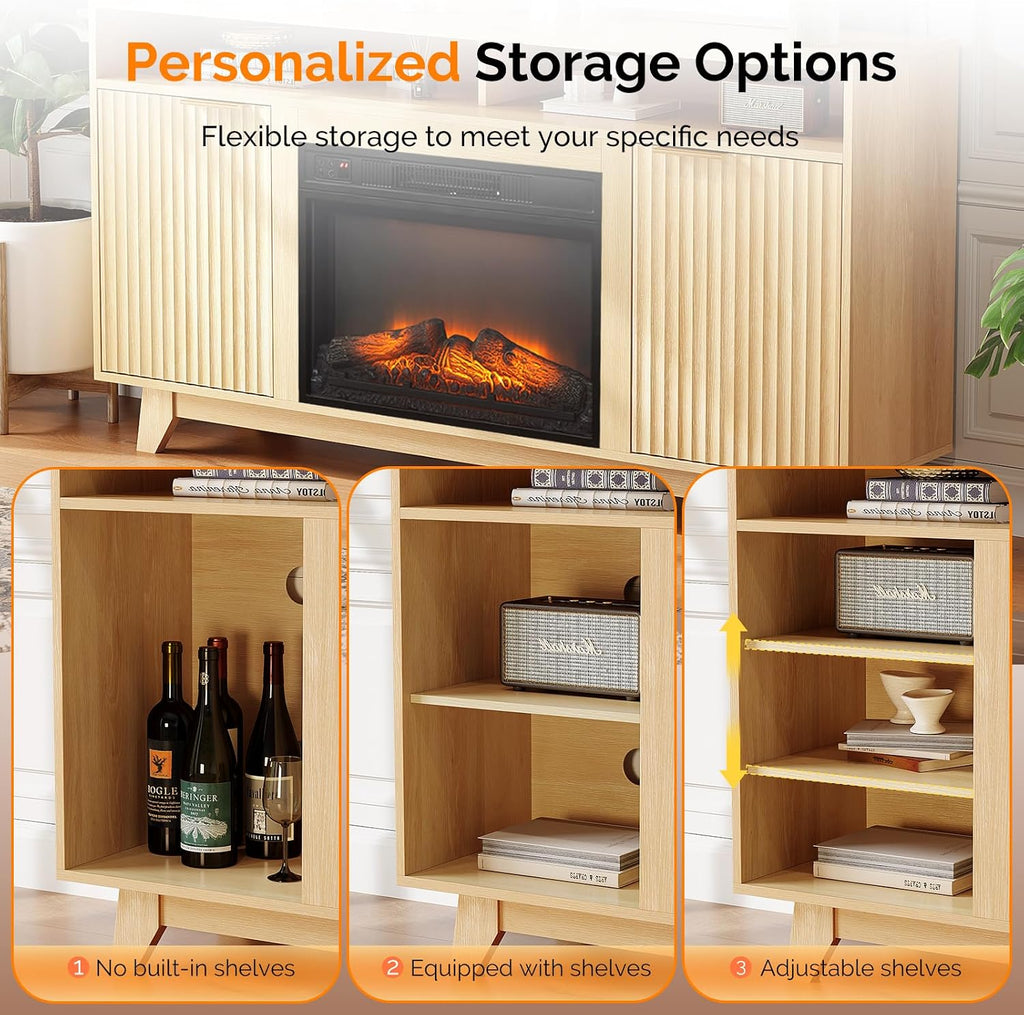 Bonnlo 58' Electric Fireplace TV Stand for 70-Inch TVs - Modern Media Console with Adjustable Shelves, Open Storage, Built-in Heater & 6 Flame Colors, Finish - Perfect for Living Room & Bedroom, Oak