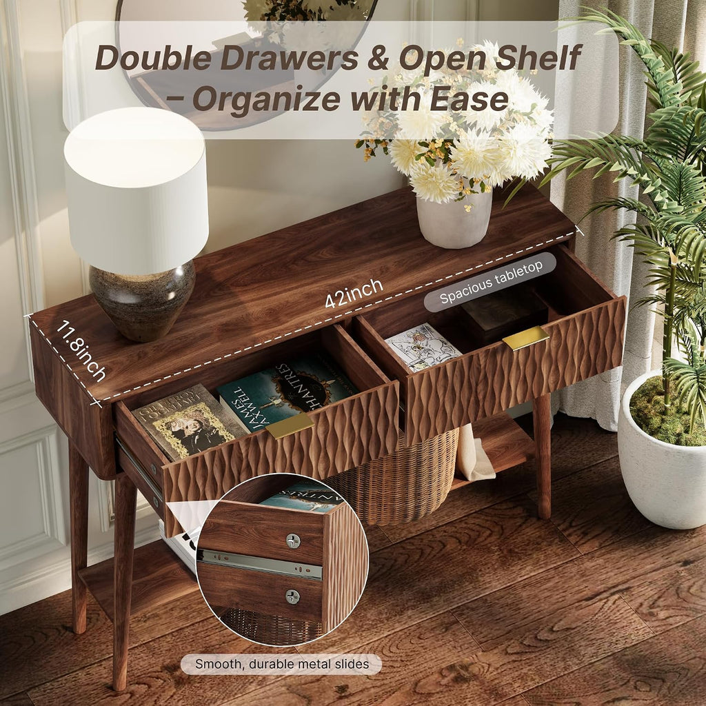 Console Table with Solid Wood Leg,Fluted Entryway Table with Storage Drawers, Mid-Century Modern Narrow Console Table for Living Room,Hallway,Walnut