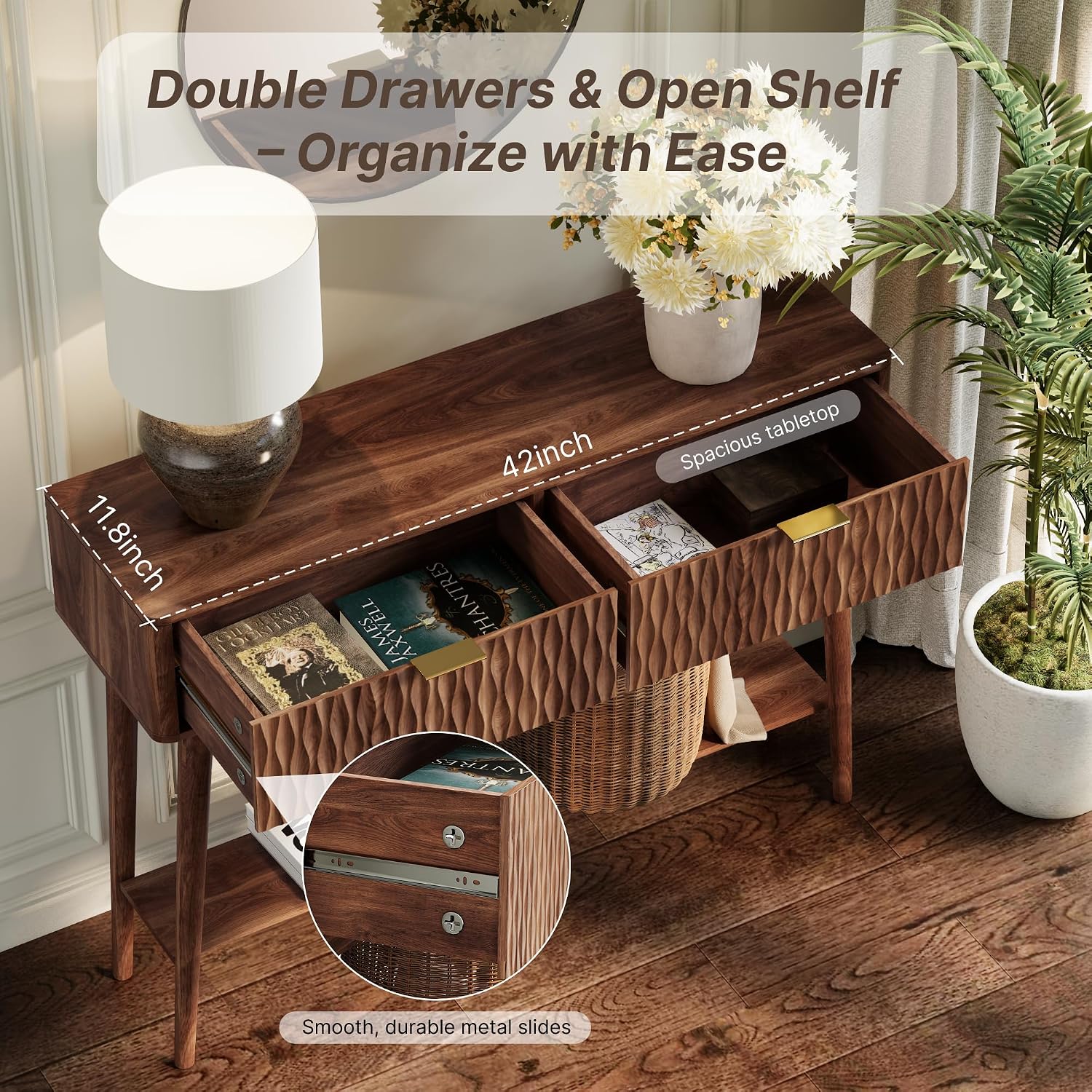 Console Table with Solid Wood Leg,Fluted Entryway Table with Storage Drawers, Mid-Century Modern Narrow Console Table for Living Room,Hallway,Walnut