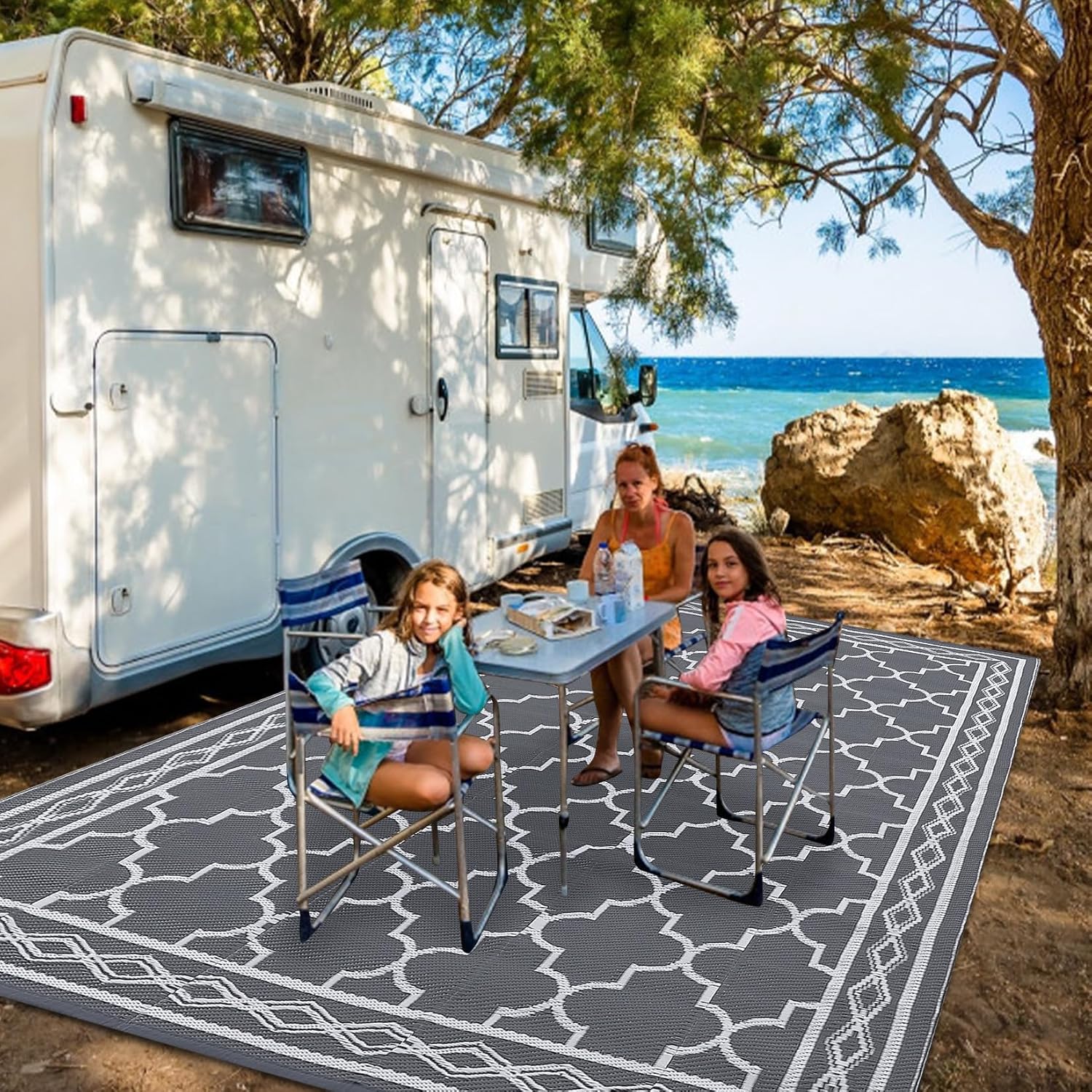 Outdoor Rug 10x20 Patio Waterproof, Foldable Reversible Outdoor Plastic Straw Rug Trellis Mat for Camper Outside Carpet for Rv, Deck, Porch, Picnic, Beach, Balcony Trellis|Grey&White